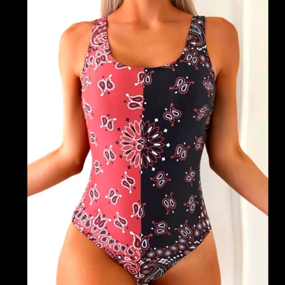 Ladies Red and Black Bandana Print Swimsuit